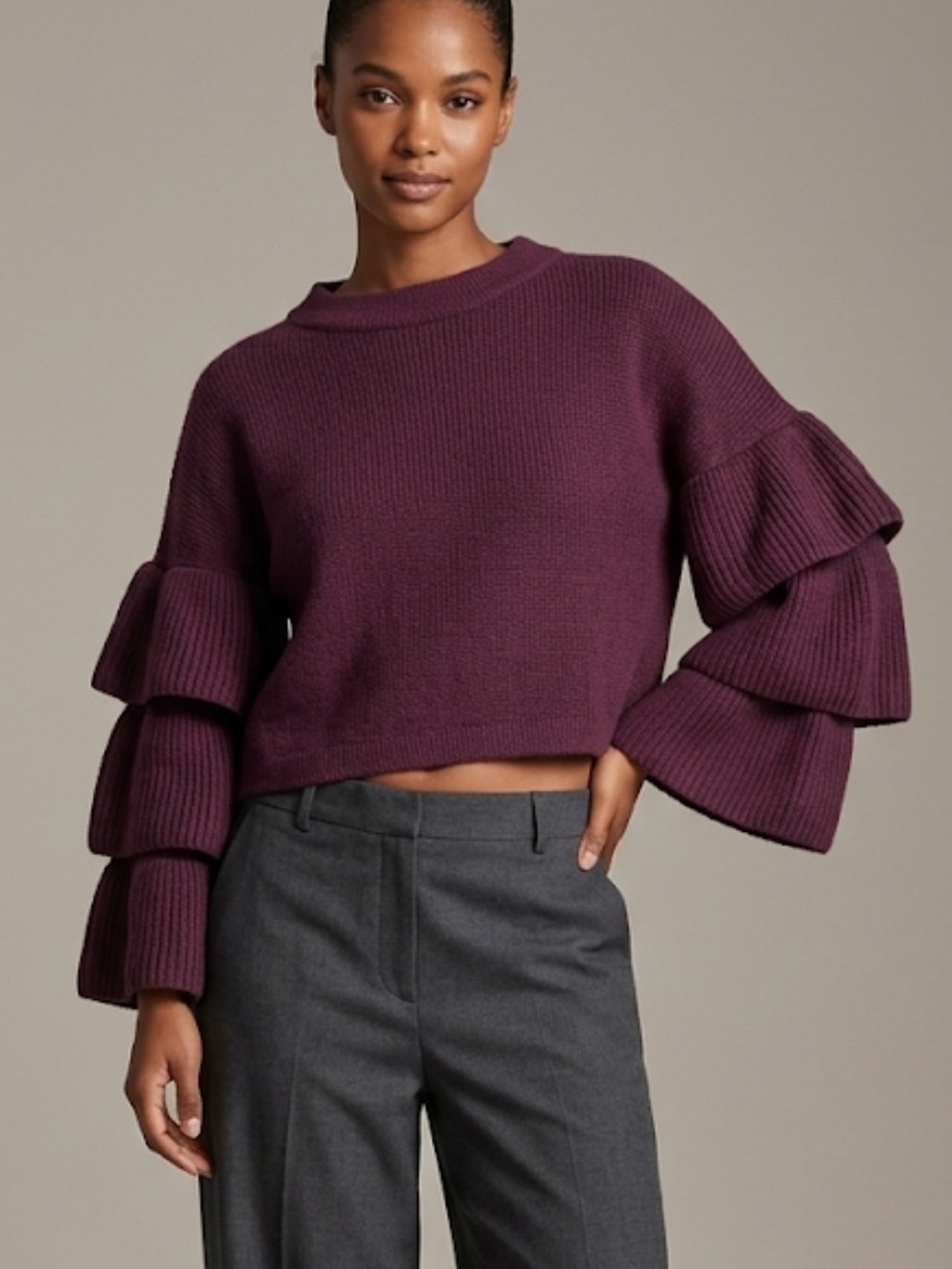 Poof Tiered Ruffle Sleeve Cropped Sweater